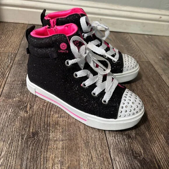 Black and Pink Skechers Twinkle Toes High Top Sneakers, Girls Size 1 - Picture 4 of 7